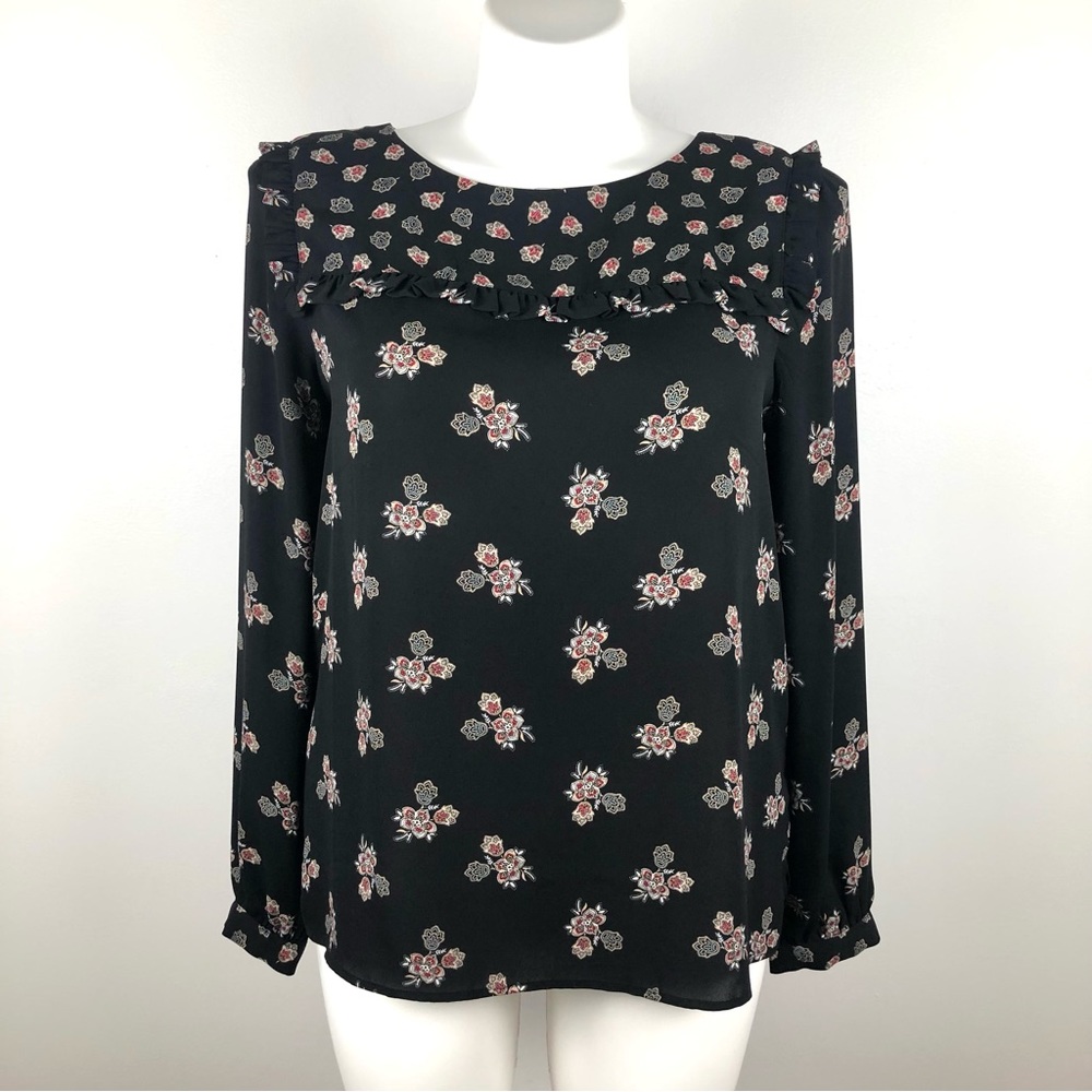 LOFT Black Floral Long Sleeve Blouse Red, White & Tan Design L